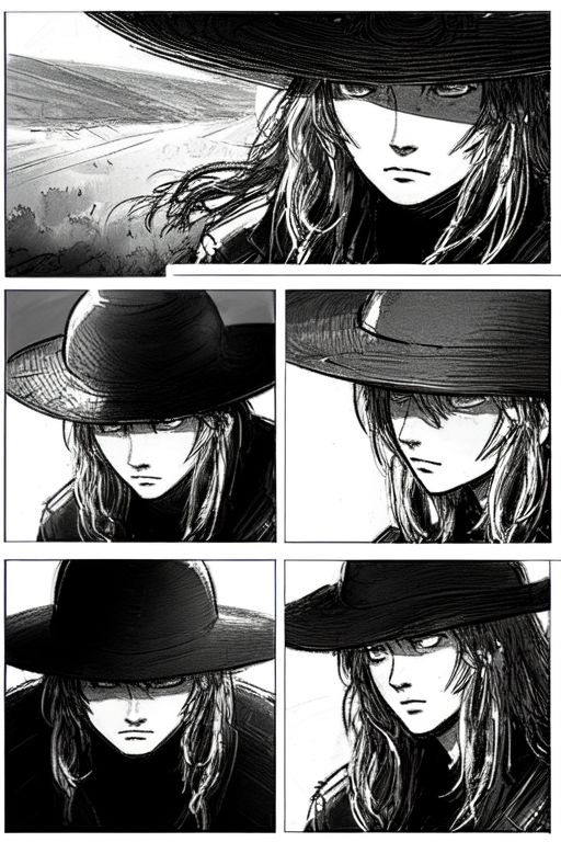 storyboard_style, (5 panels:1.2),  lone cowboy, face detailed, close up eyes detailed, narrowed, searching for movement in...