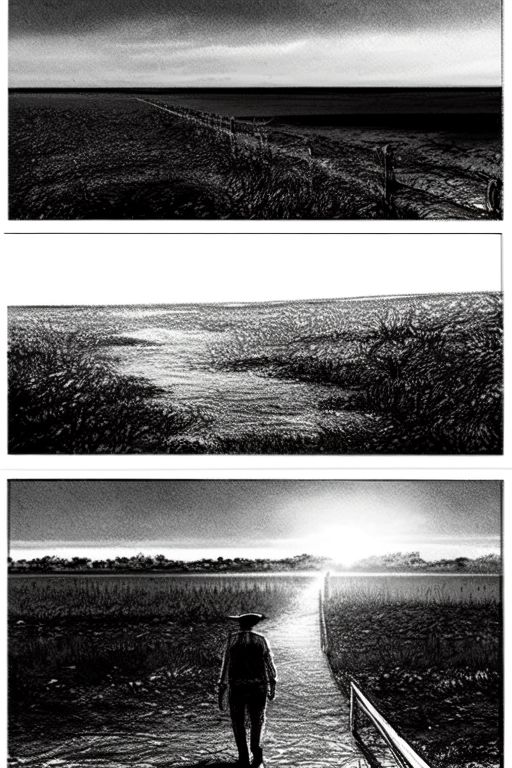 storyboard_style, 5 panels,  lone cowboy, weathered spurs clinking on deserted boardwalk <lora:Storyboard:1>, sketch , bw,...