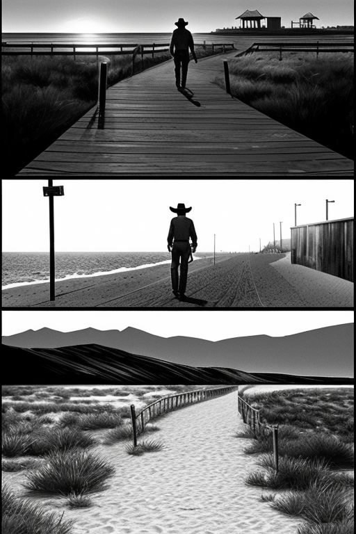 storyboard_style, lone cowboy, weathered spurs clinking on deserted boardwalk <lora:Storyboard:1>