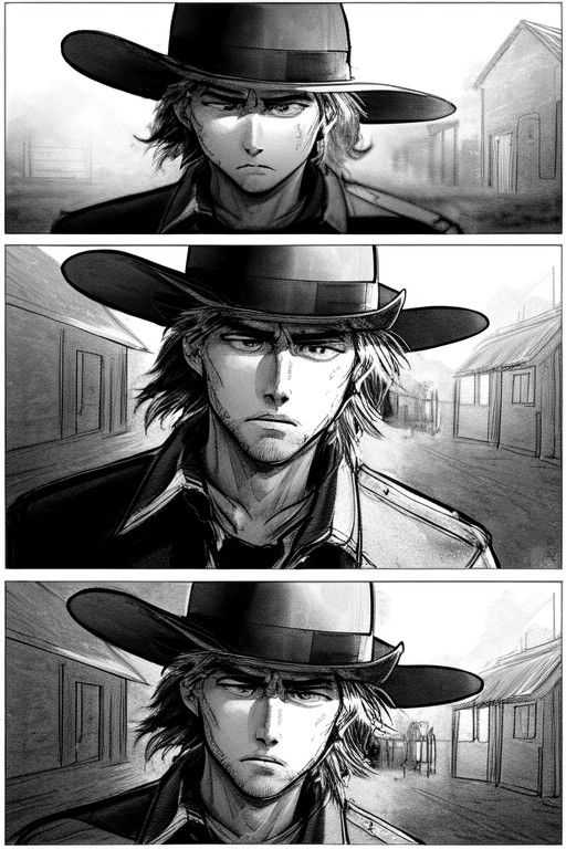 storyboard_style, ( 2 panels:1.2),  lone cowboy, close up eyes detailed, narrowed, searching for movement in silent town  ...